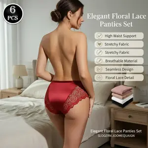 6 Pcs Elegant Floral Lace Trim High Waist Stretchy Panties Soft Breathable Comfort Durable Faic Feminine Lingerie Quality Underwear for Women Everyday Wear - Basic Womenswear Seamless Full-Body Shapewear Bodysuit iris skims boy shorts 34 Camel Toe Cover T