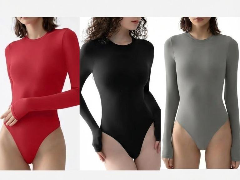 Seamless Bodysuit Multipack - Butter Soft Long Sleeve in Classic Black White Red Taupe & Gray for Office to Date Night