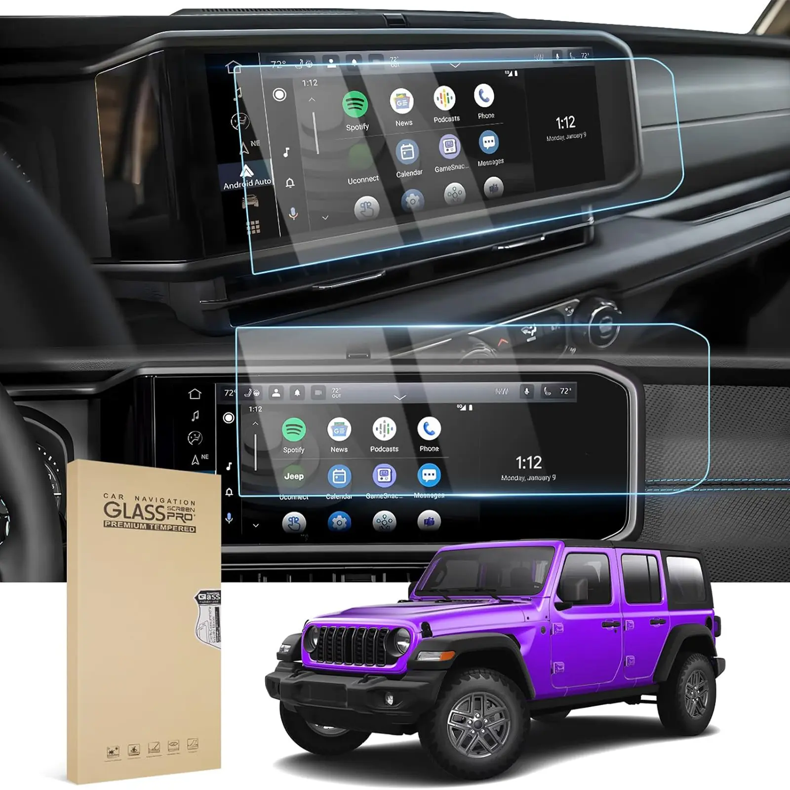 Canvcle 2PCS Tempered Glass Screen Protector for 2024-2025 Jeep Wrangler JL/4XE/Gladiator 12.3in Display, 9H Anti-Scratch Protection, Sensitive Touch, Seamless Installation, Reduced Screen Reflection, Driving-Friendly Car Interior Accessory