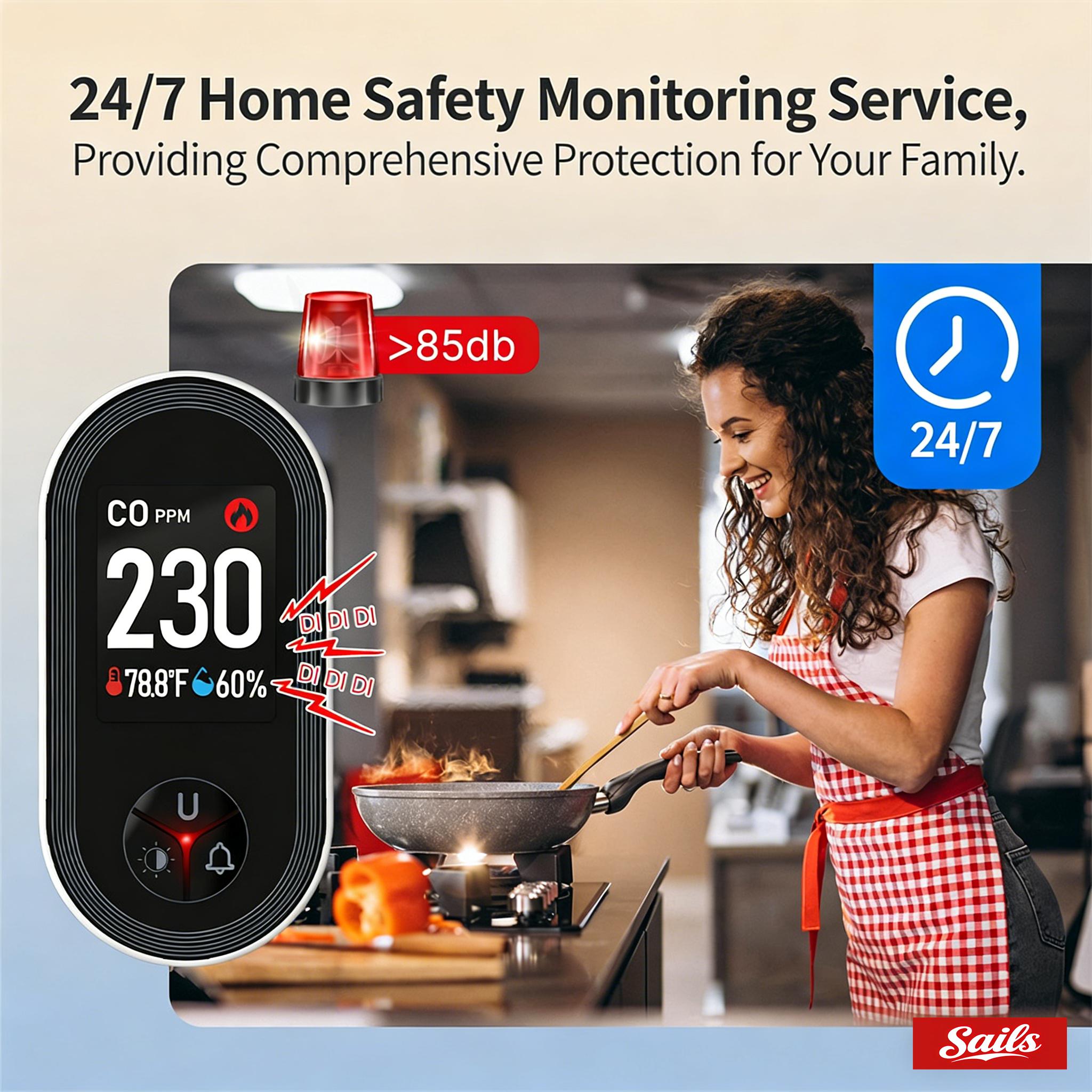 SAILS ALL-IN-ONE Env Sensor with Natural Gas & Temperature Humidity Sensors Plug-and-Play Design High-Definition Display Accurate Alerts Ideal for Kitchen Garage RVs Apartments