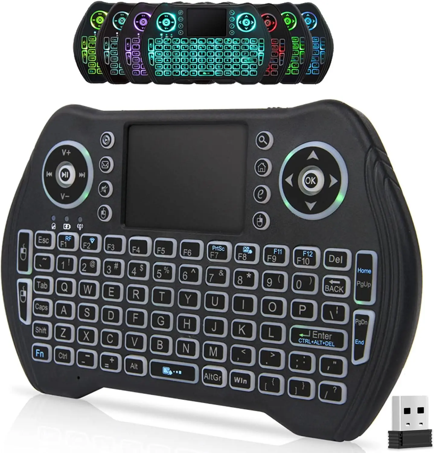 2.4GHz Backlit Mini Wireless Remote Control & Multi-Gesture Pad Combo - Rechargeable Li-Ion Battery, Auto-Sleep, Hotkeys, Custom Lock, 2.4GHz Dongle for Android Gaming, Smartphone, Console, Portable Plug & Mini KB