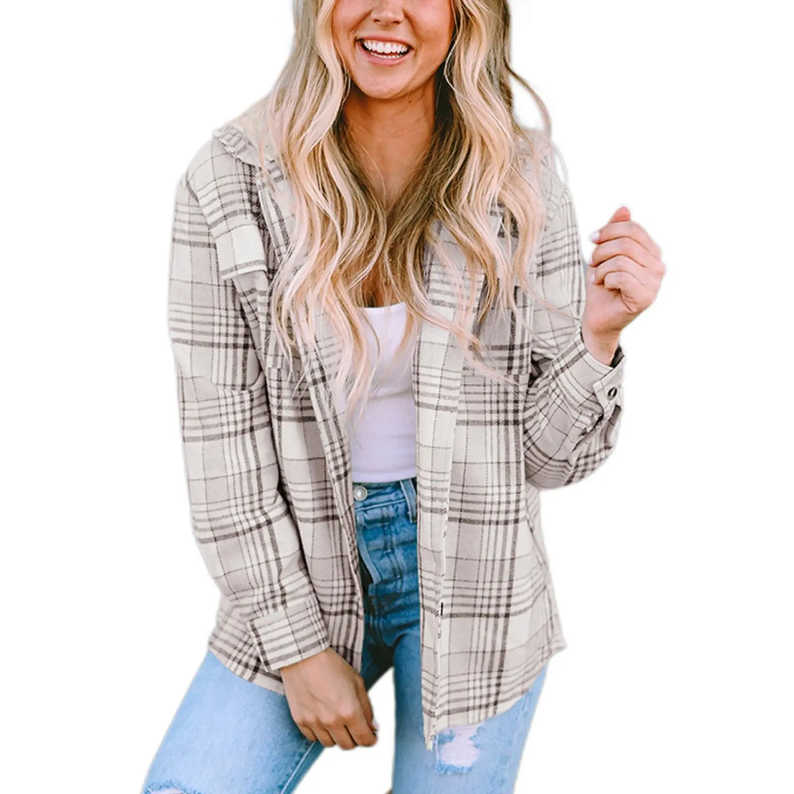 Asvivid Plaid Shacket for Women, Casual Collared Jacket with a Removable Hood and Button-Front for Everyday Style