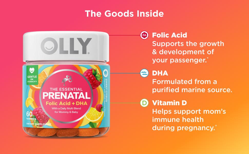 OLLY Essential Prenatal Gummy Multivitamin, Folic Acid, Vitamin D, Omega 3 DHA, Supports Healthy Growth and Brain Development, Citrus Berry - 60 Count