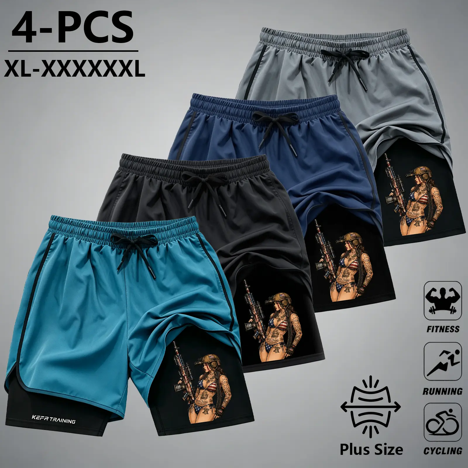 Men's Plus Size (2XL-5XL) 4-Pack 2-in-1 Active Combined Quick-Dry Compression Underwear with Relaxed Training Athleisure Shorts, Built-In Athletic Fit, Tattoo Girl Print, Tattoo Liner, Drawstring, Polyester for Fitness, Reduced Friction