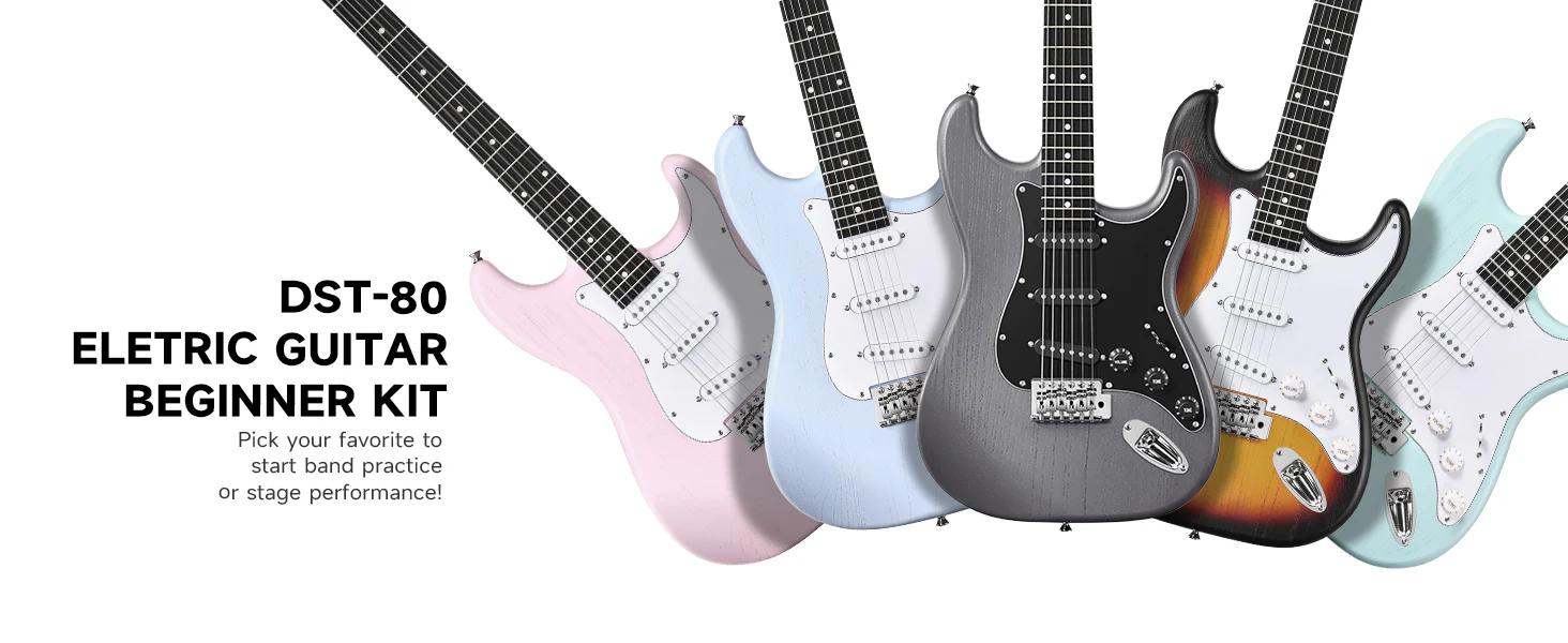 Donner DST-80 ST Electric Guitar Kit with Amplifier, Bag, Strap, String, Tuner, Cable, Capo and Pick, SSS Pickups