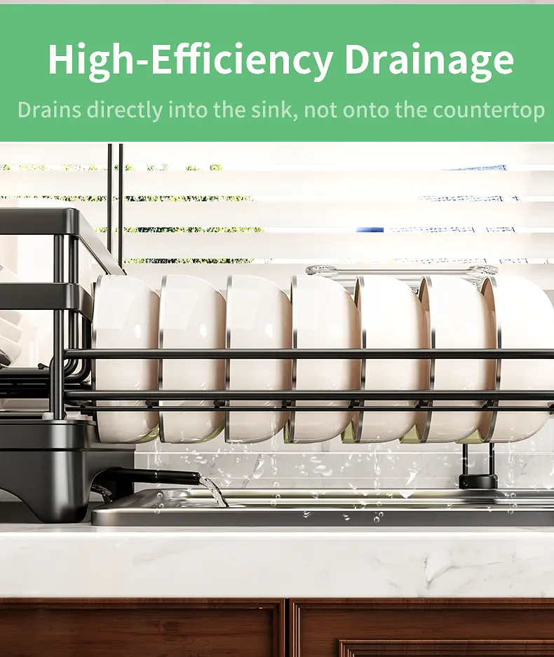 Seashark Foldable Over-Sink Countertop Dish Rack - Pull-Out 2-Tier Dish Drainer with Removable Utensil Holder, Adjustable Organiser, 360° Sink Drain for Small Kitchens, Home Goods, Apartment Stuff, Small Room Organization Products