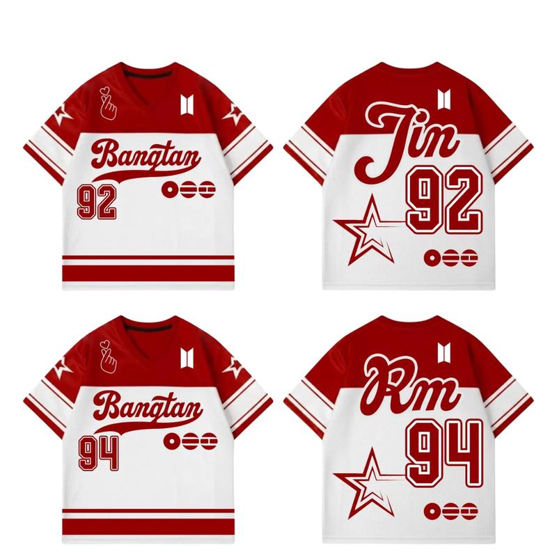 Personalized Name & Number Army Arirang World Tour Football Jersey, Bangtan Style with Red White Sporty Design, Perfect Gift for K-pop Fans