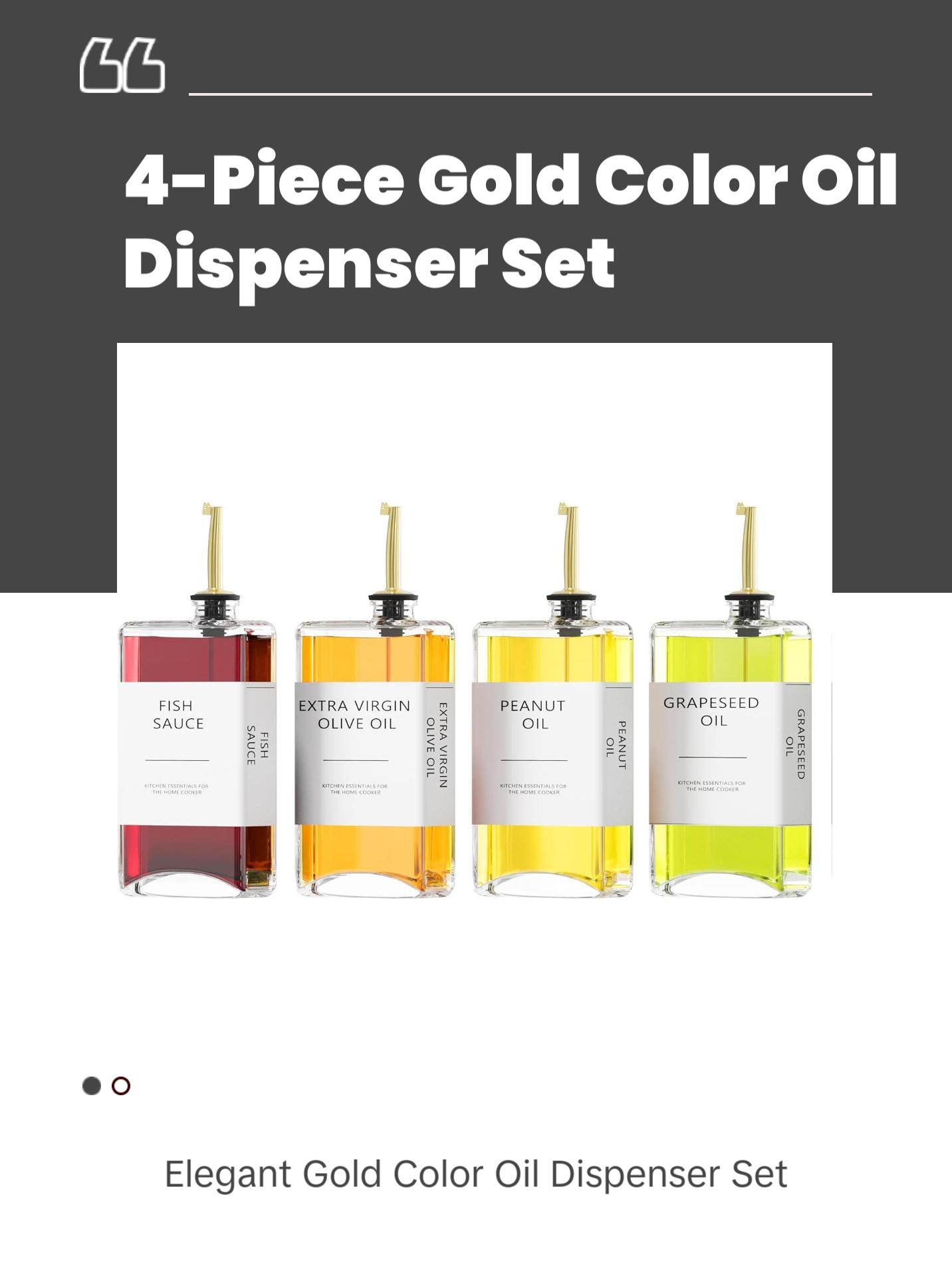 Kitchen Cooking Oil Dispenser Set, Olive Oil & Vinegar Bottles, Soy Sauce Dispenser - 4 Pieces, Gold, Elegant Book Design, Durable, Leak-Proof, Easy-Pour Spouts, Perfect for Kitchen, Dining Table