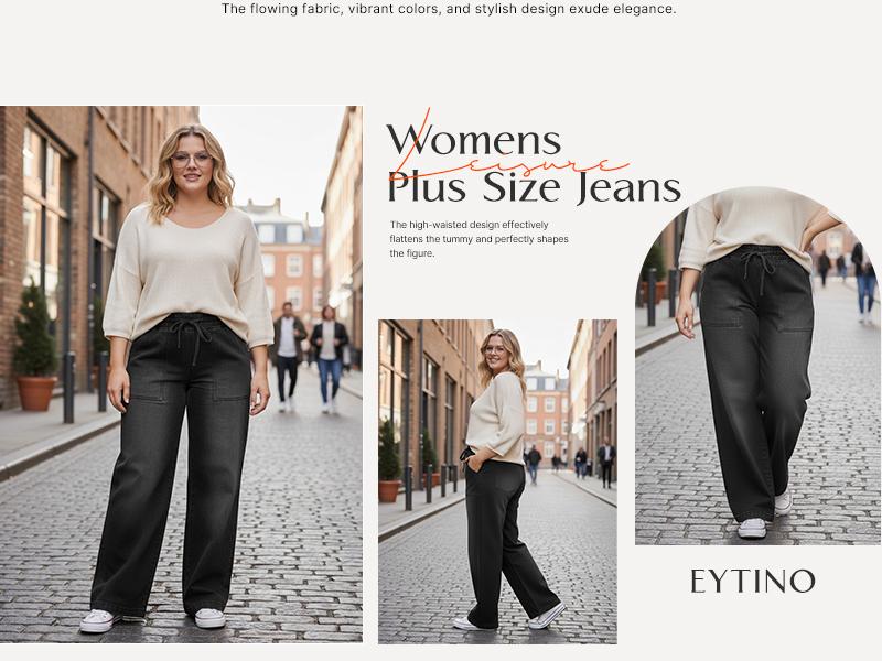 Eytino Plus Size Jeans,High Waisted Straight Leg Stretchy Drawstring Wide Leg Denim Pants for Curvy Women(Sizes 14-32)