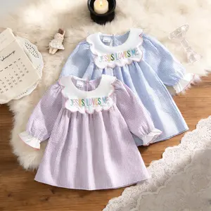 Little Girls Dress Long Sleeve Vintage Lace Collar Jesus Loves Me Embroidery Design Suitable for Daily Church Activities Blue and Purple