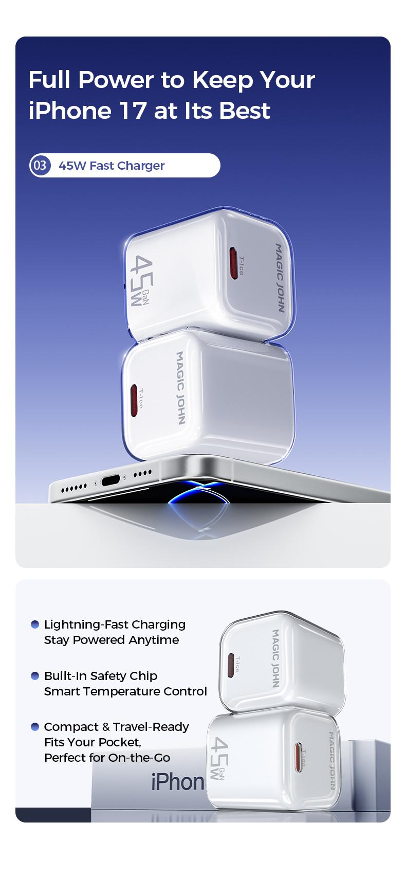 MAGIC JOHN Accessory Gift Set for iPhone 17 / Air / Pro / Pro Max — Includes HD & Privacy Screen Protector, Camera Cover Stand Case, and 45W Fast Charger