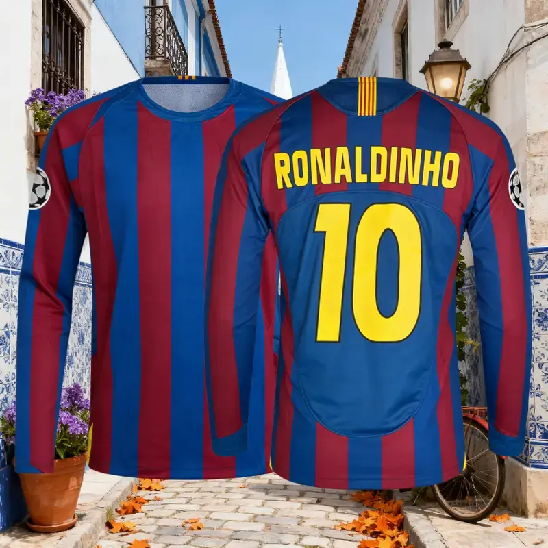 Ronaldinho 2009-10 Retro Home Blue Red No.10 No.80 Long-sleeved Football Shirts