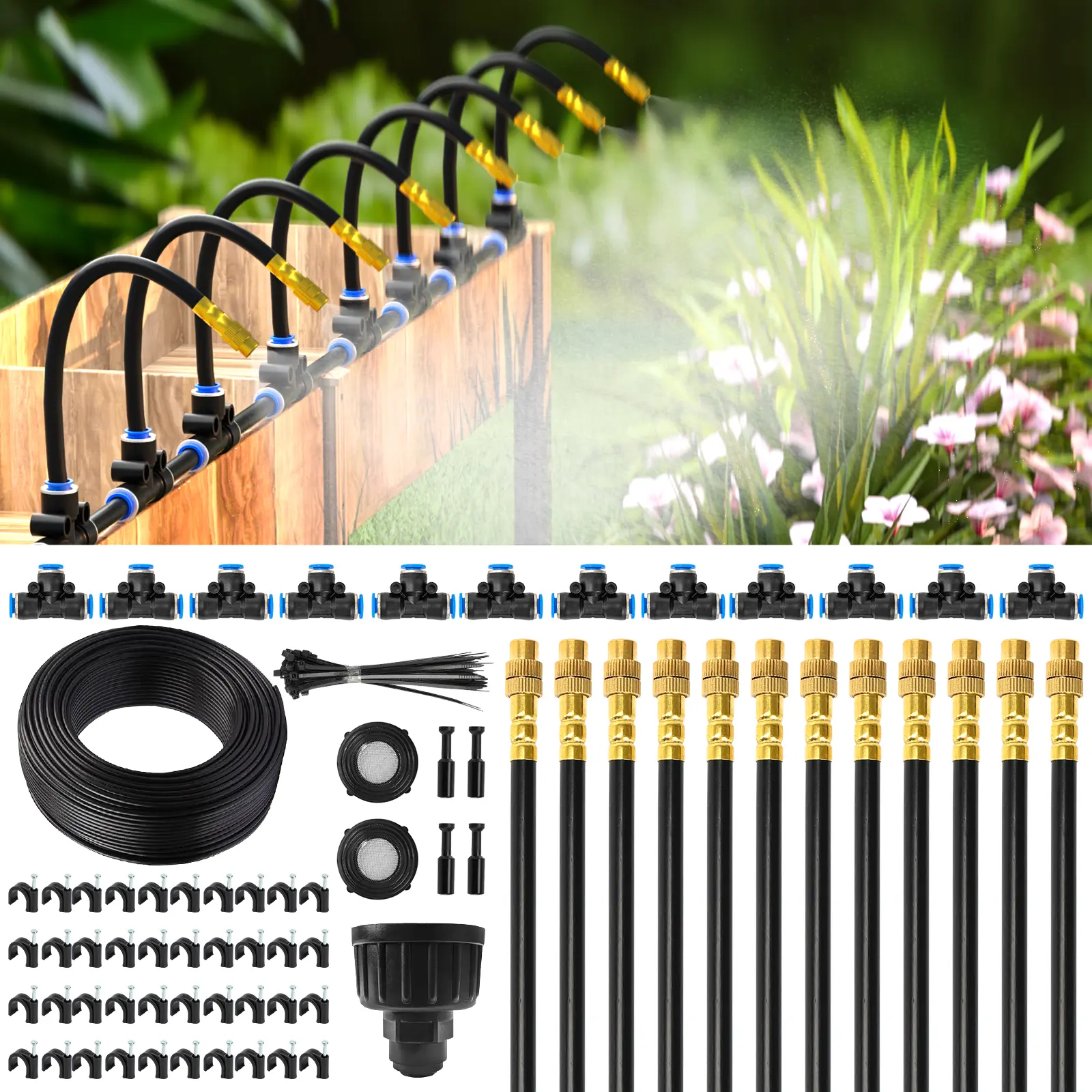 Mixc Automatic Drip Irrigation System - 50FT Length, 12 Adjustable Copper Nozzles - Watering Kit for Garden, Lawn, Potted Plants