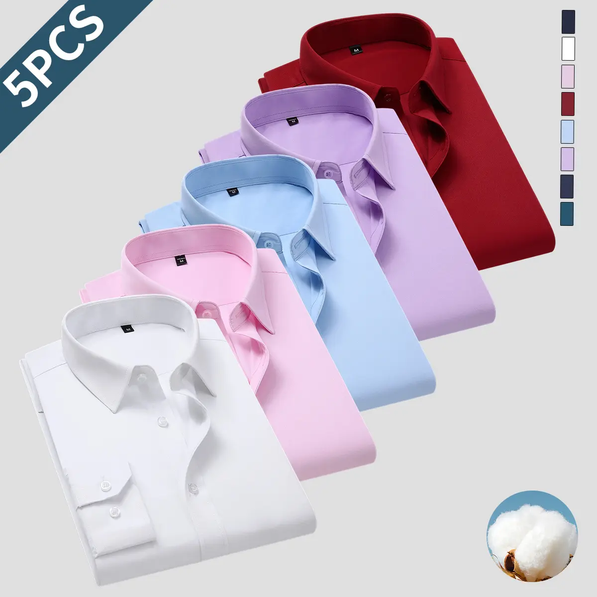 Pack of 5 men’s business casual shirts, simple solid color long-sleeve button-up top with a classic lapel collar, regular fit, suitable for office or everyday casual wear; men’s clothing, men’s tops