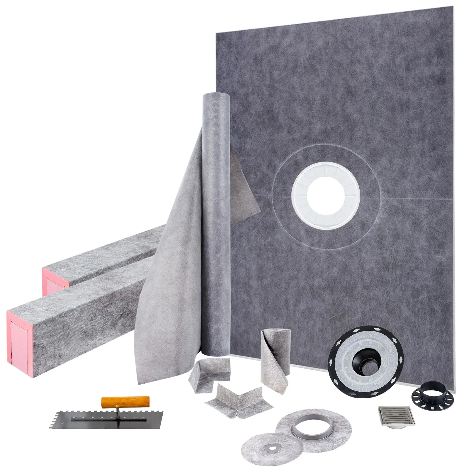 【FathersDayGift】VEVOR Shower Curb Kit,  , 38\"x60\" Watertight Shower Curb Overlay with 4\" ABS Central Bonding Flange, 4\" Stainless Steel Grate, 2 Cuttable Shower Curb and Trowel, Shower Pan Slope Sticks Fit for Bathr