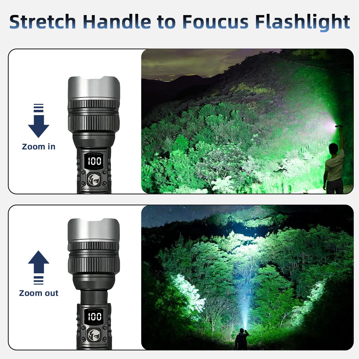 2-in-1 Strong Flashlight (Power Bank)，Digital display of power, Rechargeable，Zoomable, , X4Waterproof, Adjustable Brightness Flash Light for Outdoor, Emergency, Camping Accessories，Black TiktokShopSpringGlowUp