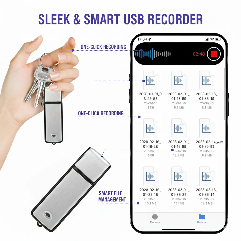 2-in-1 USB Flash Drive Voice Recorder - Voice Activated, Smart Noise Reduction, Scheduled Recording, Auto File Save - Ideal for Meetings, Class Notes, No