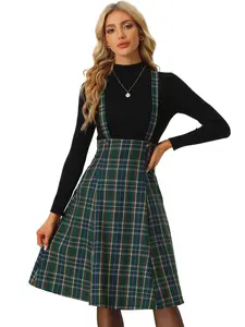 INSPIRE CHIC Plaid Overall Dress Tartan Pinafore Suspender Skirt Green
