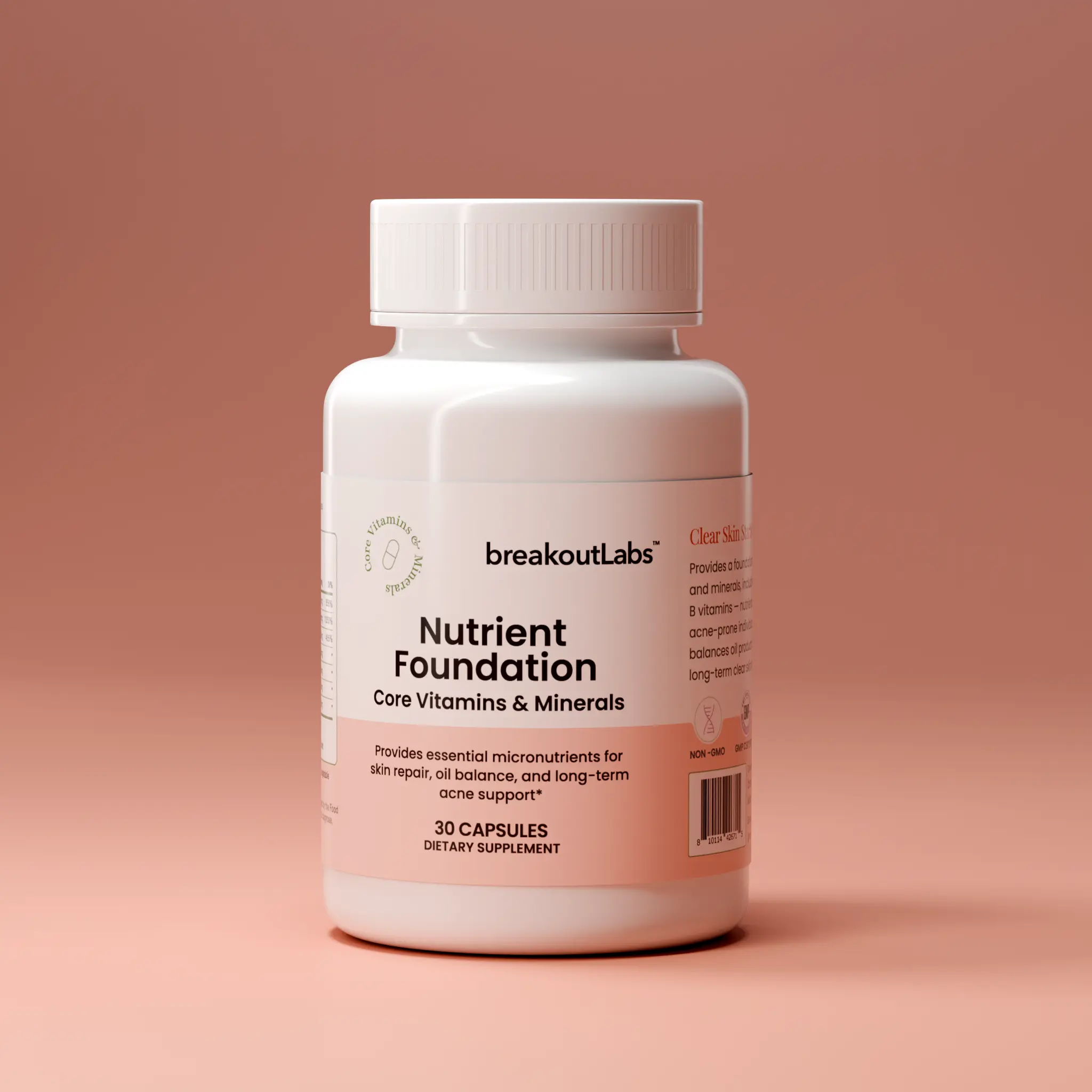 BreakoutLabs Nutrient Foundation | Acne Vitamins with Zinc, Vitamin D & C | Skin Clearing Supplement for Hormonal & Adult Acne | 30 Capsules | Non-GMO