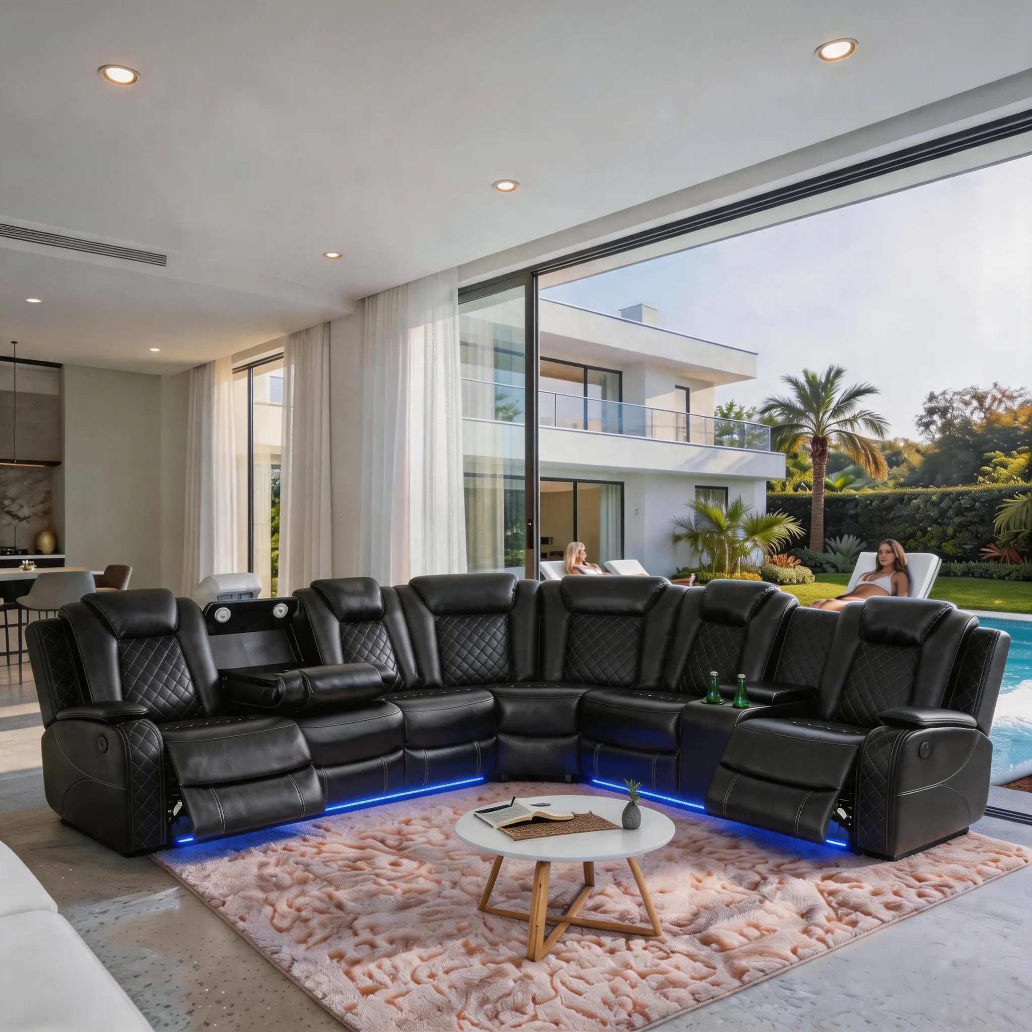 A Ainehome Black Breathing Leather Modern LED  Electric Recliner Sofa Set 3-Piece Couch Living Room Sofa Set with Adjustable Backrest & Storage Features furniture Reclining sectional