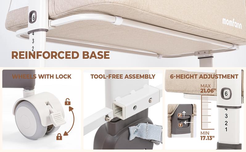 Momfann Baby Bassinet Bedside Sleeper, Upgraded Stability Bedside Crib with Full Mesh Sides, Soft Sheet, 6-Height Adjustment, Storage Basket, Easy Folding Portable Bassinet for Newborns, Oatmeal