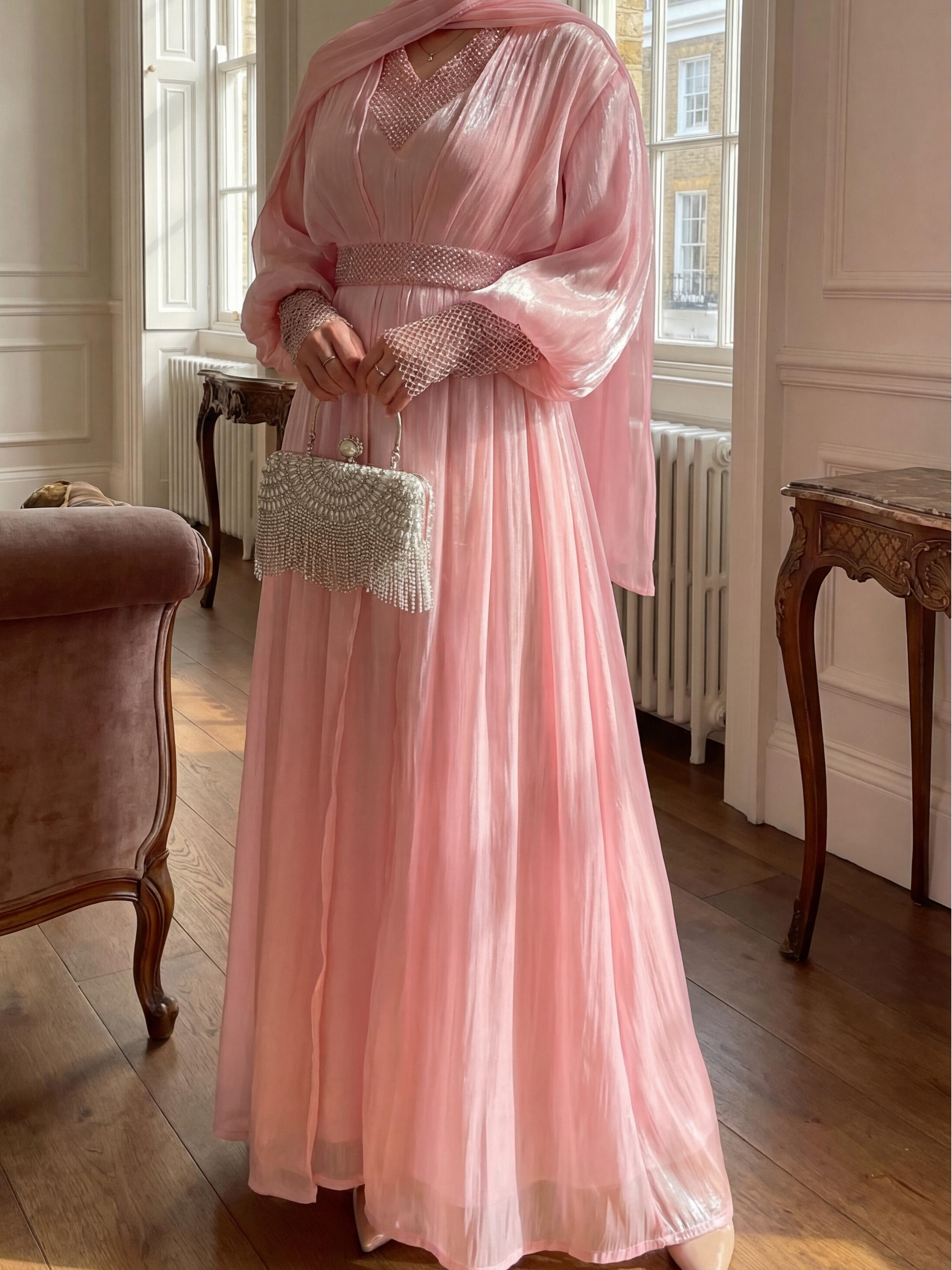 CL04 Shining Luxury Diamond Chiffon Robe Set for Weddings Dinners Dates Four-Piece Maxidresses Shararadress with Hijab Inner Dress Robe Coat and Belt