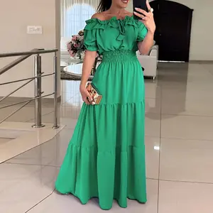 2026 Women's Off Shoulder ShortSleeve Frill Hem Lace Up Dress/Gabbi DressCasual Stretchy Waist Wedding Guest FlaredMaxi Wedding Dress for St. Patrick's Day