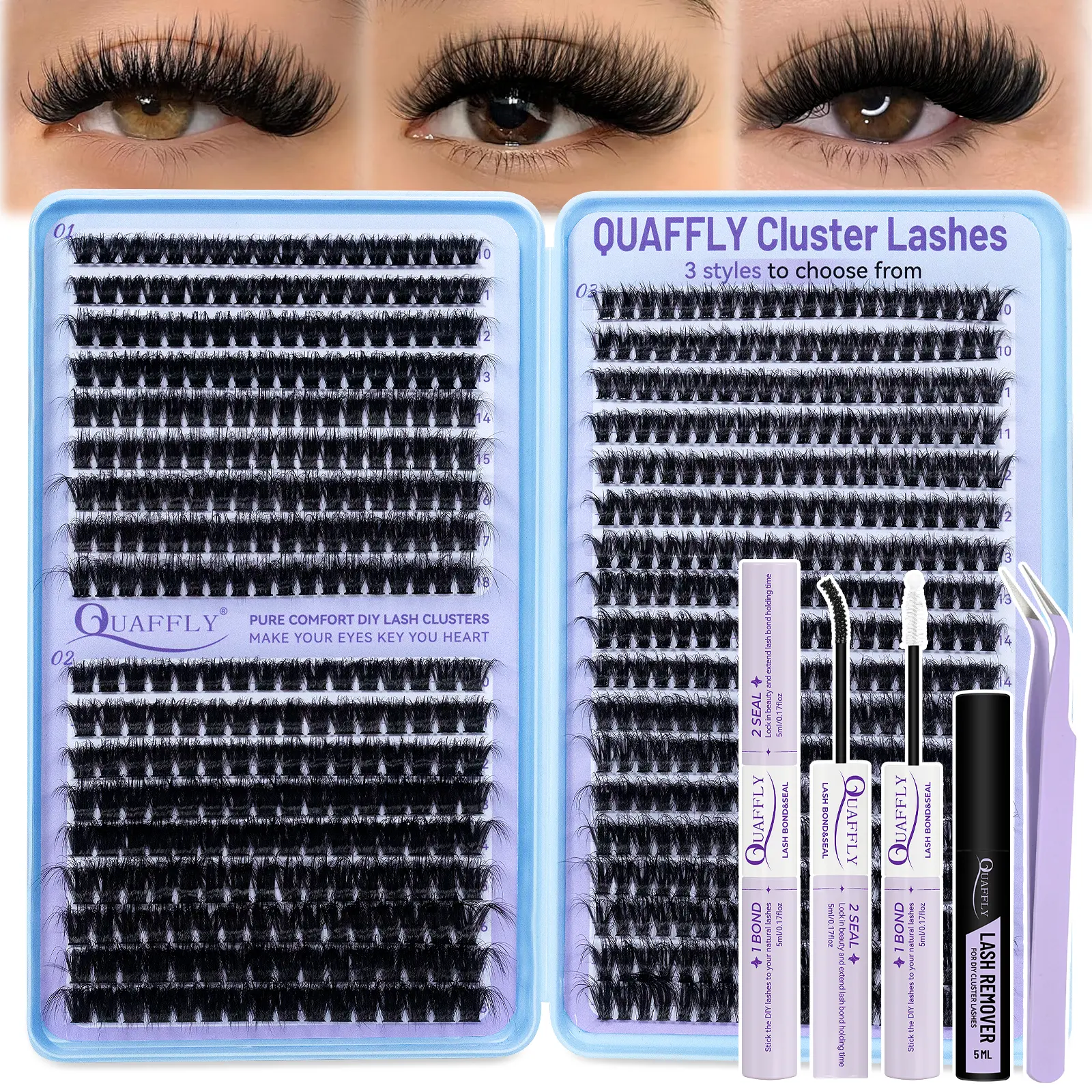 666PCS QUAFFLY Lashes D-Curl Fluffy Lash Extension Kit 60D+80D+100D Lash Clusters Eyelash Extension Kit 10-18mm Individual Cluster Lashes Extensions Kit with Lash Bond and Seal, Lash Remover ,Tweezers