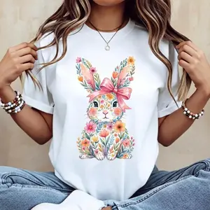 "Casual Women s Round Neck Short Sleeve T Shirt Featuring Easter Bunny with Pink Bow and Colorful Swirls Print Perfect for Spring Festivals and Outdoor Leisure "