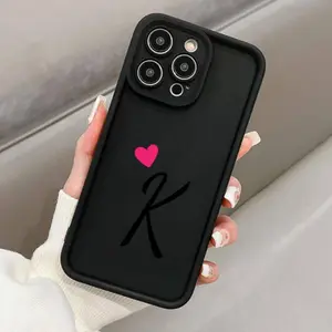 Initial Letter K Love Heart Pattern Case for iPhone 16 15 14 Pro Max 13 12 11 XR XS Plus Shockproof Non Slip Military-Grade Protection Silicone Cover Protective Smartphone