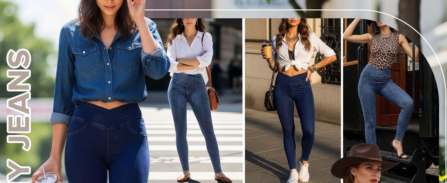 BRXL 【Discount for live】Women's High-Waisted Crossover Jeggings Stretchy Denim Leggings with Back Pockets V Cross Waist Design for Tummy Control and Flawless Fit  #Summervibes #beachoutfit #summer outfits #4th of july outfits -BRXL-1