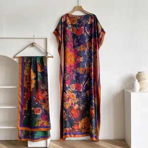 Women's Floral Print Long Dress  Scarf SetBoho Casual Shawl Dress Scarf Set for Beach Vacation Holiday Ladies Clothes for All Seasons