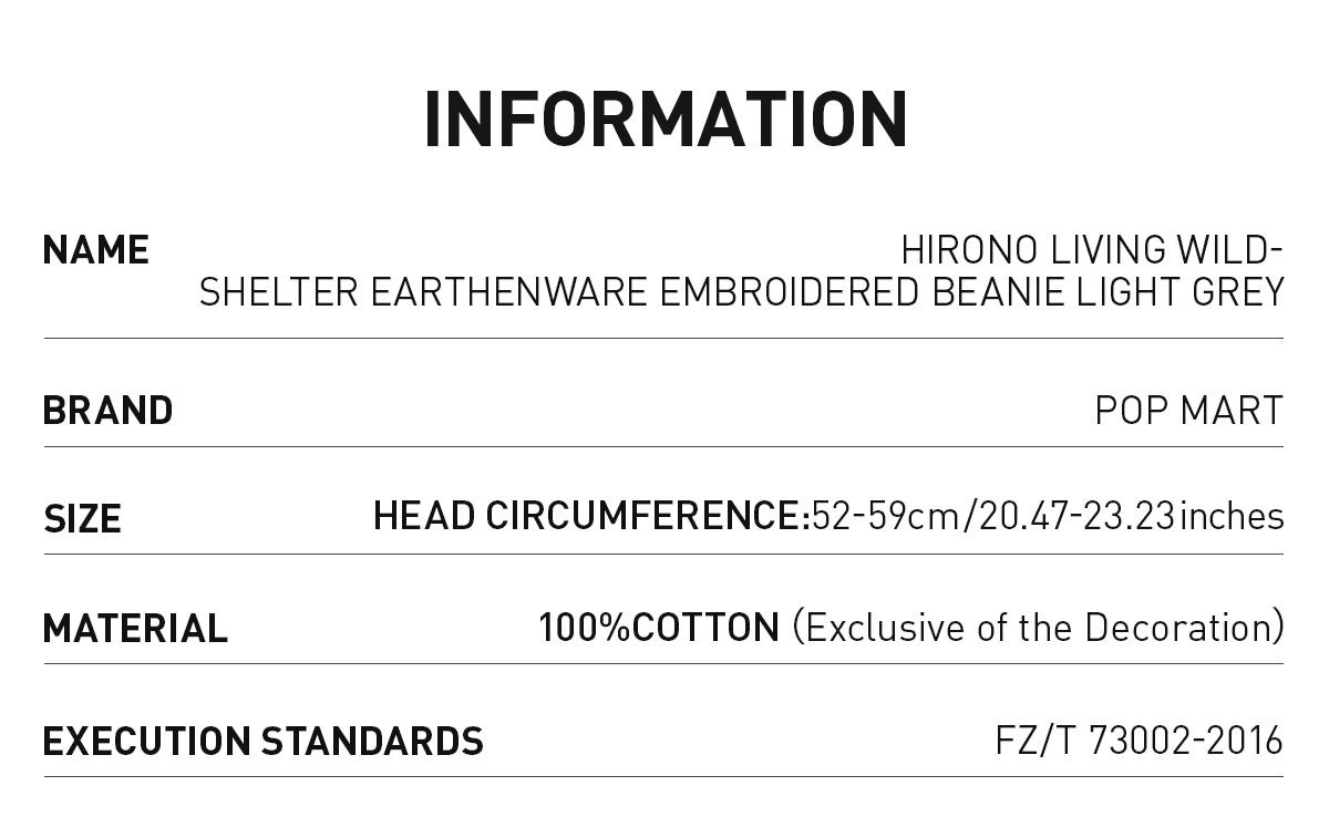 POP MART Hirono Living Wild-Shelter Earthenware Embroidered Beanie Light Grey