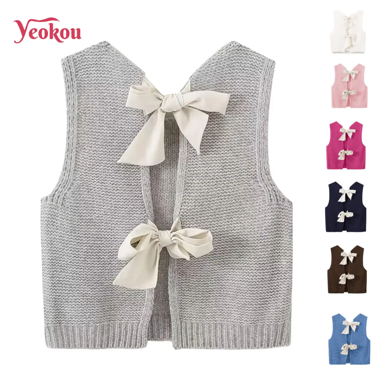 Yeokou Women's Basic Knitted Sweater Vest, Casual Sleeveless Round Neck Crop Top with Back Bow Tie, Short, Back Bow Tie Up, Bow Top Women's Vests