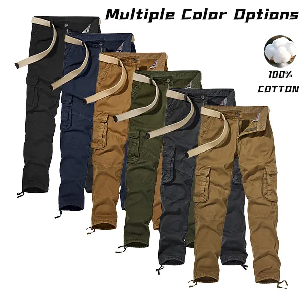 Men’s solid-color cargo pants with multiple pockets — durable, practical trousers suitable for outdoor exploration, urban commuting, and holiday travel