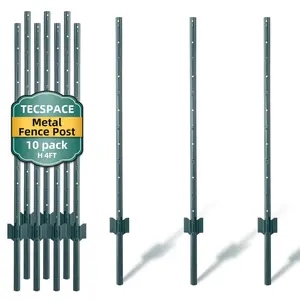 TECSPACE Metal Fence Post, 3 ft Heavy Duty U-Post with Anchor Plate and Adjustable Tabs, Rust-Proof Steel Stakes for Garden, Farm, Lawn, 10 Pack