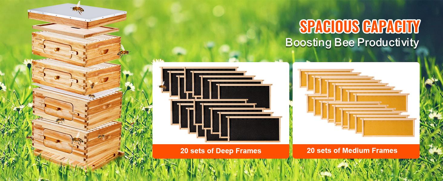 VEVOR Bee Hive 40 Frame Bee Hives Starter Kit, Beeswax Coated Cedar Wood, 2 Deep + 2 Medium Bee Boxes Langstroth Beehive Kit, Transparent Acrylic Windows with Foundations for Beginners Pro Beekeepers VEVOR Bee Hive 40 Frame Bee Hives Starter Kit, Beeswax Coated Cedar Wood, 2 Deep + 2 Medium Bee Boxes Langstroth Beehive Kit, Transparent Acrylic Windows with Foundations for Beginners Pro Beekeepers