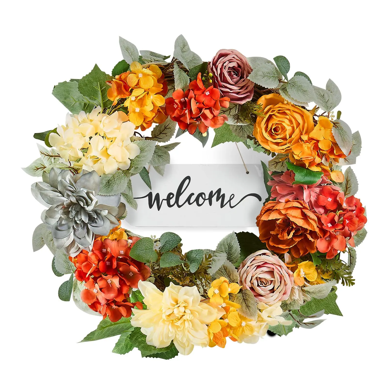 【SummerFinds】VEVOR Artificial Decorative Wreath,  24 in, Red Orange Yellow, Decorated with Hydrangeas, Roses, Wooden Sign, Year Round Wreath for All Seasons Indoor and Outdoor Home Wall Window Festival Decorations