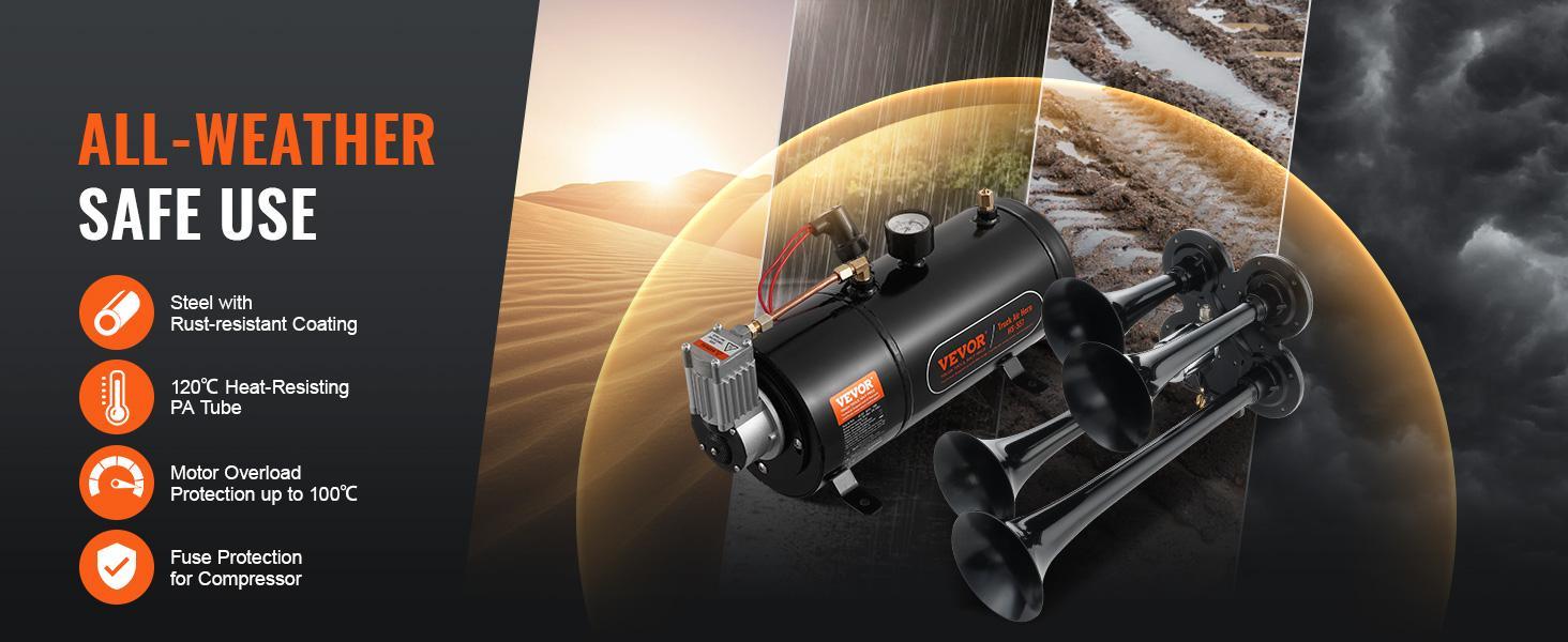 VEVOR Train Horns Kit, TikTokShopBlackFriday, 4 Trumpet Air Horn Kit, 150dB Train Horns for Pickup Trucks, 12V 120 psi Air Compressor 0.8 Gal/3 L Tank with Gauge for Any 12V Vehicle Car Truck Train Van Boat Power Sound Accessory VEVOR Super Brand Day