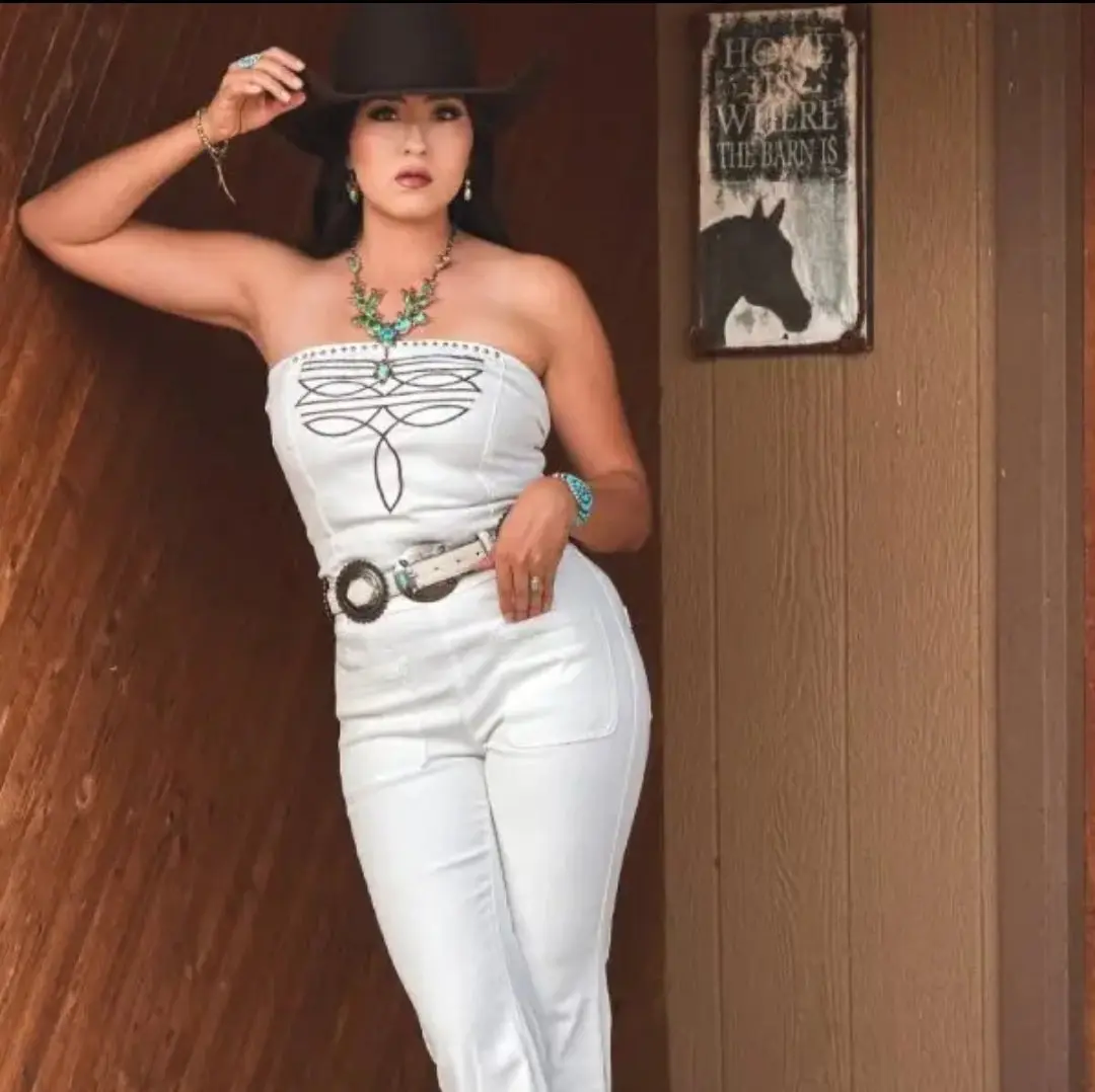 Ivory Jumpsuit Stretch Denim Boot Stitch Strapless