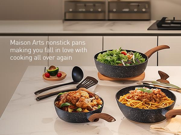 Kitchen Academy Granite Pots and Pans Set Non Stick, 12 Piece Cast Induction Cookware Set, Black Nonstick Kitchen Cooking Set w/Frying Pans & Saucepans(PFOS,PFOA,PFAS,PTFE Free)