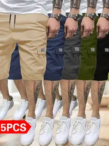 Men’s cargo shorts, quick-drying, breathable, casual, suitable for running, cycling, outdoor sports, with drawstring Solid Color Zipper flap pocket cargo short