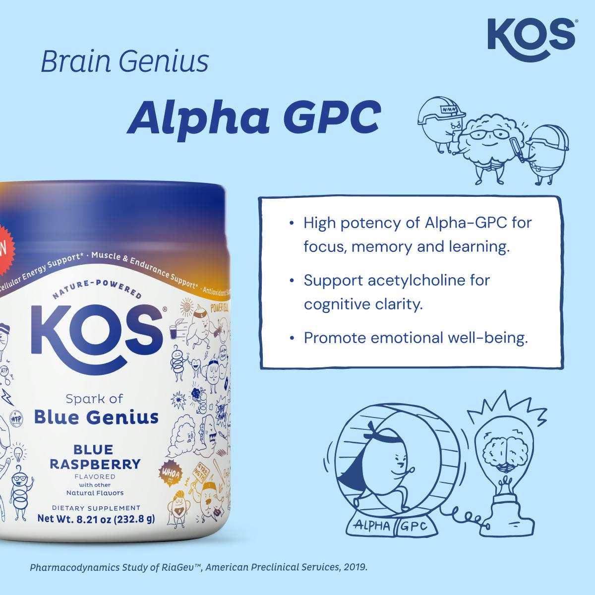 KOS  NAD+ Blue Genius -  & Cellular Energy Supplement with NMN, RiaGev, 4CreaVida, Alpha GPC for Healthy Aging, Blue Raspberry, 8.21 oz