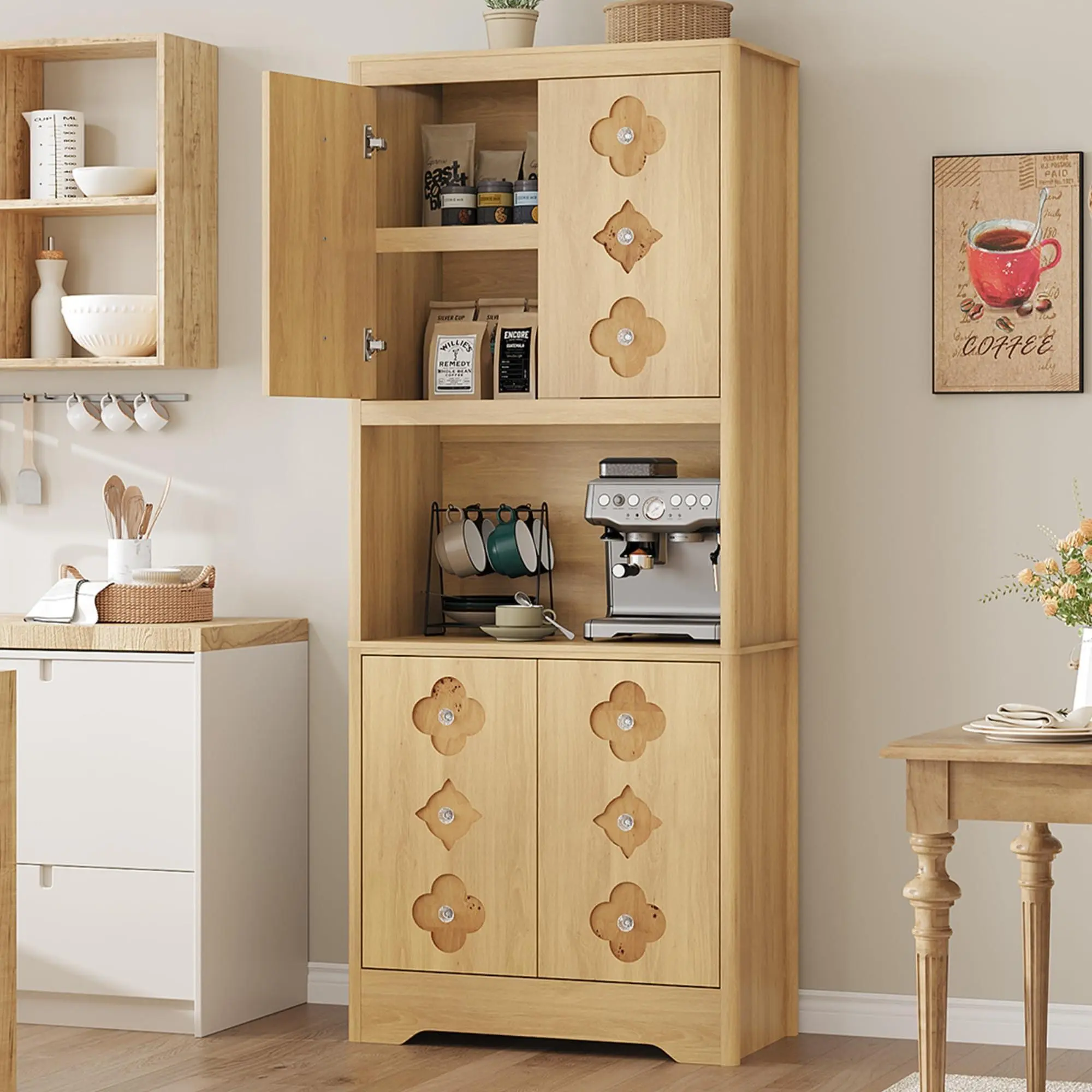 Light Oak 72" Tall Pantry Cabinet, Kitchen Hutch Storage Cabinet with Countertop for Microwave, Freestanding Wooden Cupboard with Carved Door & Crystal Handle, for Dining Room, Living Room