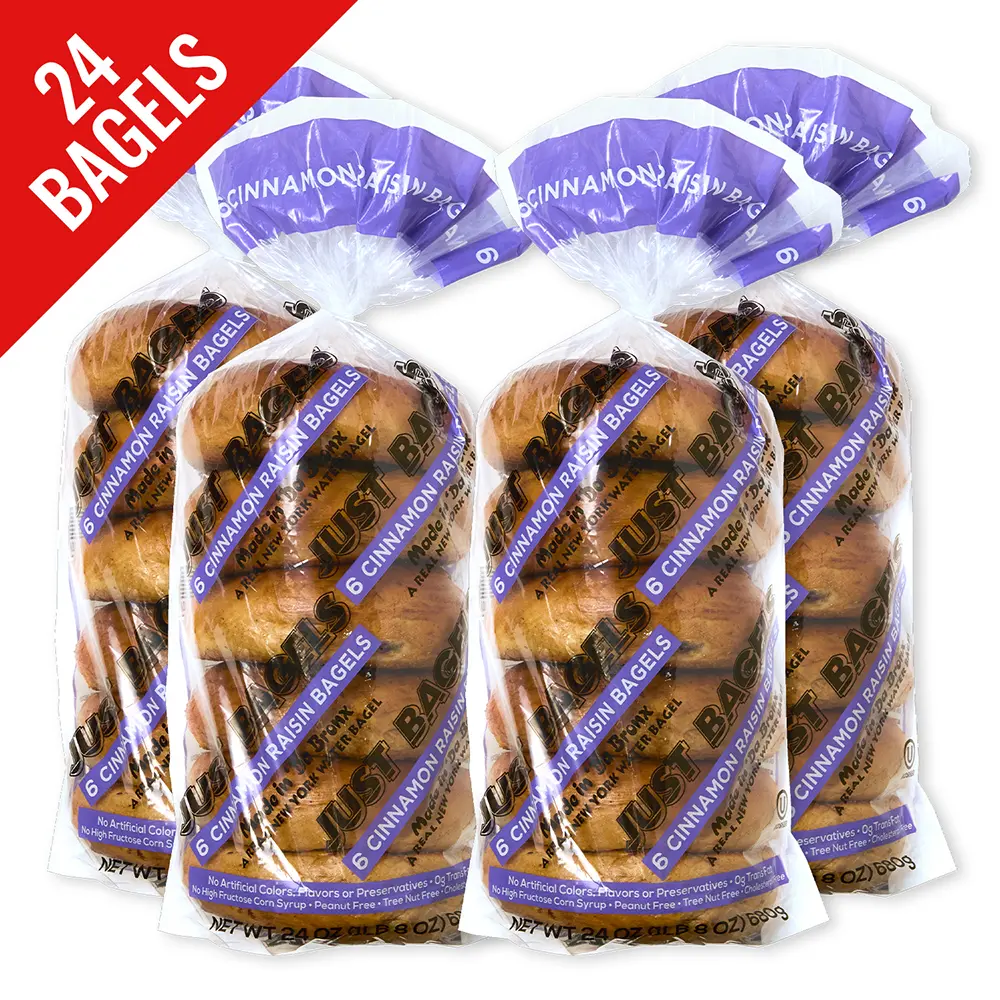 Just Bagels Cinnamon Raisin Bagels 4 Packs of 6 Non-GMO Authentic New York Style Chewy Crunchy Bagels Made in Da Bronx