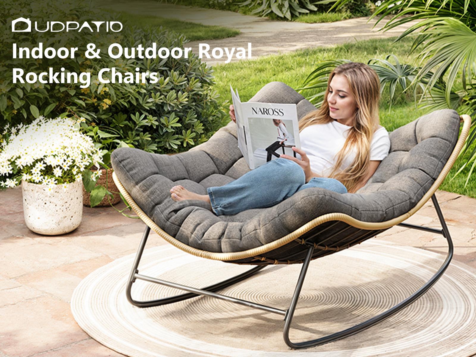 UDPATIO Oversized Outdoor Rocking Chair with Padded Cushion  Indoor/Outdoor Lounge Rocker for Garden Luxury Lounge Relax Leisure LivingRoom Furniture SpringGardening