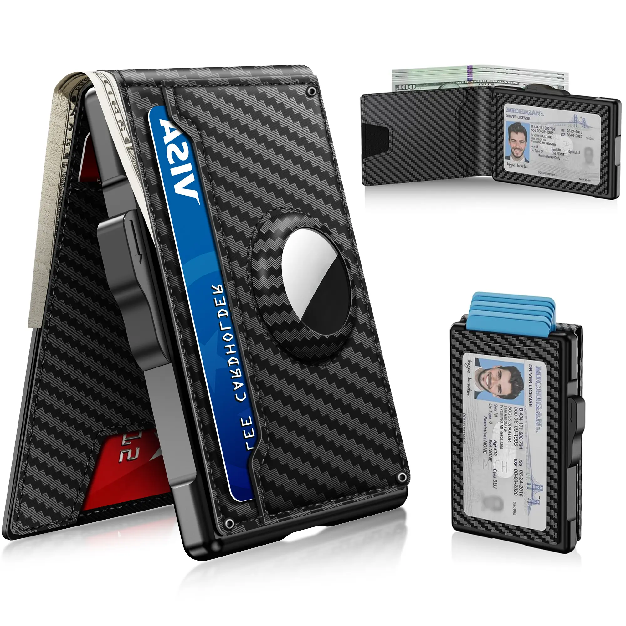 Umoven Men’s AirTag-Compatible Slim Aluminum & Leather Front-Pocket Wallet, RFID-Blocking Pop-Up Card Holder with ID Window, Cash Slot, Gift-Box Packed (AirTag NOT Included)