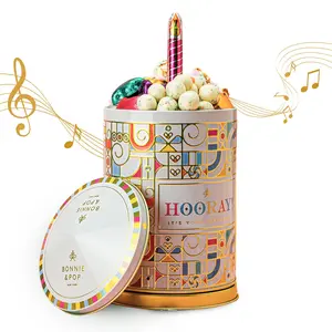 Bonnie & Pop Happy Birthday Tin with Musical Surprise - Foiled Chocolate Stars, Birthday Cake Malt Balls, Popcorn, Candles & Cookies