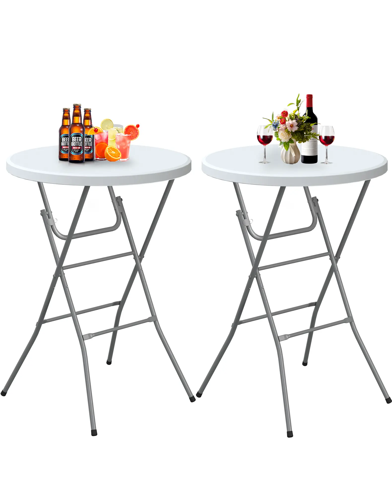 Round Folding Table, 32" Bar Height Tables for Parties and Commercial Events, Portable Plastic Table w/Thick Table Top, Metal Frame, Locking Legs, Indoor Outdoor Accessory