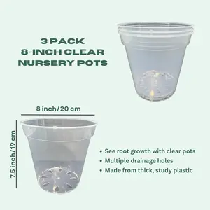 8-Inch Large Clear Nursery Pots 3 Pack Transparent Plastic Planter for Indoor & Outdoor Plants with Multiple Drainage Holes